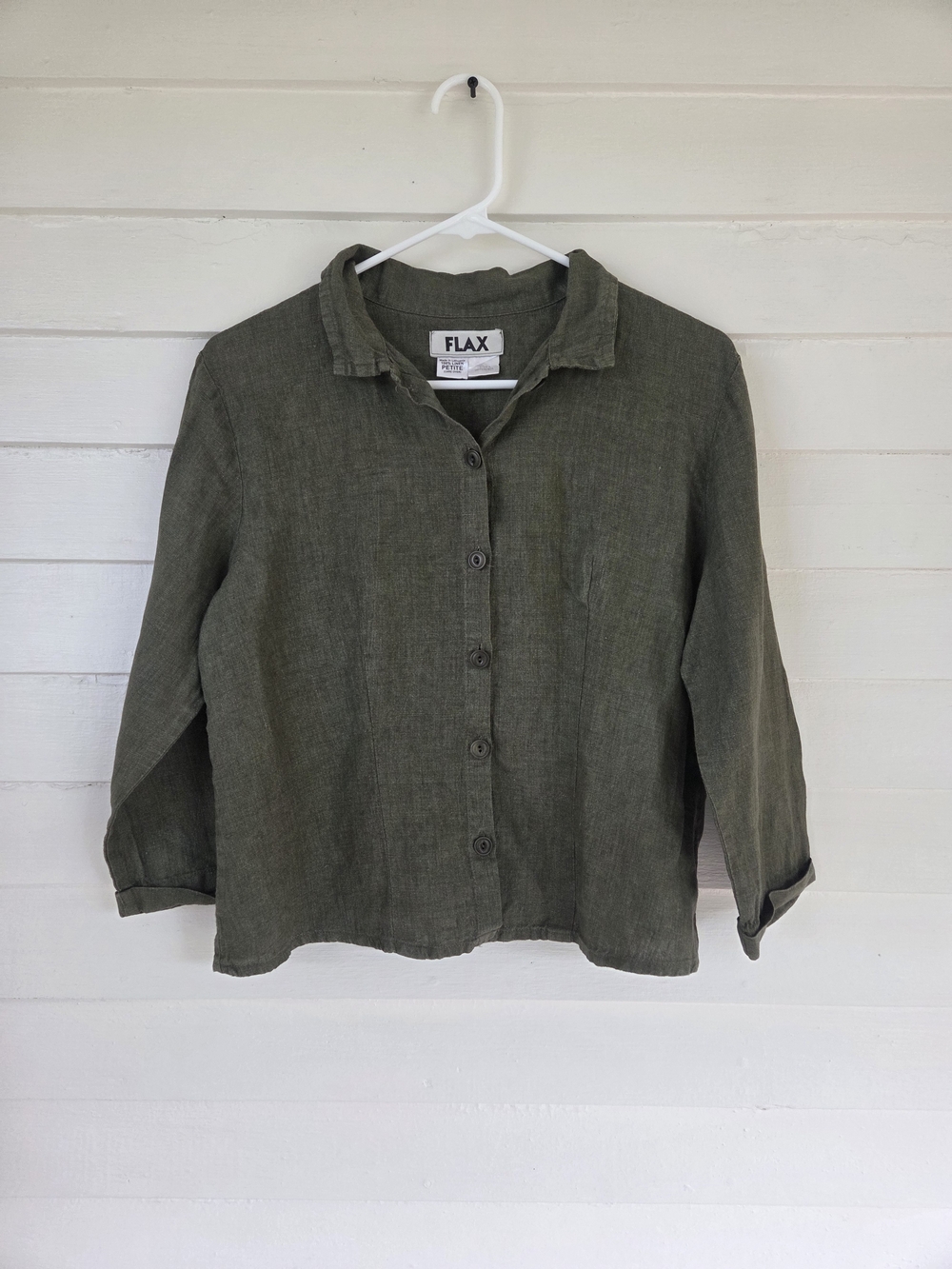 FLAX Olive Green 100% Linen Button-Front Women's Top Size M Petite